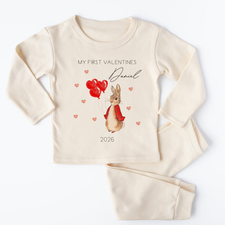 Personalised Red Rabbit Valentines Day Beige Pyjamas