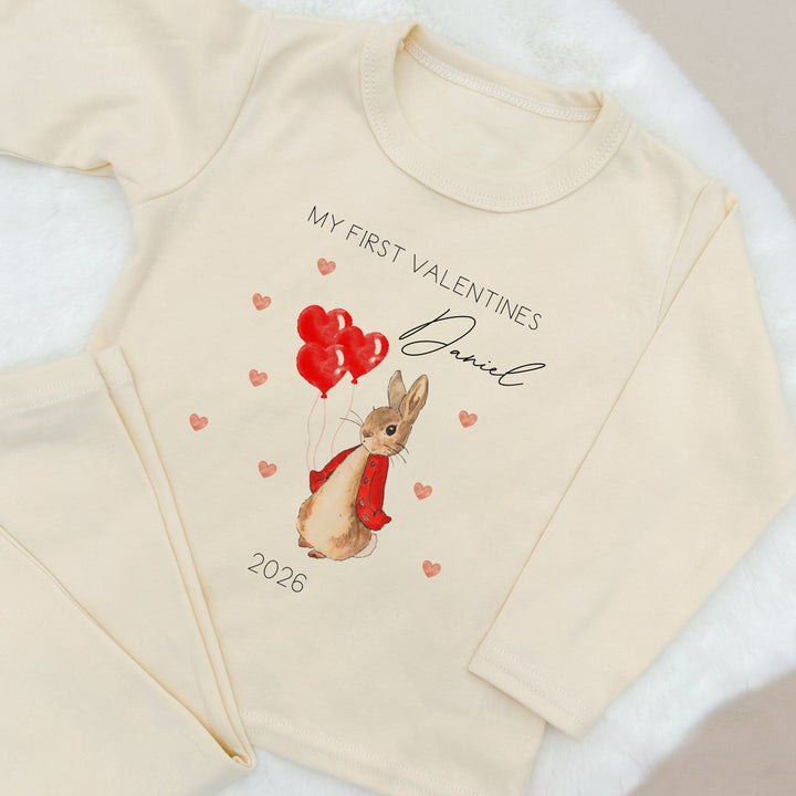 Personalised Red Rabbit Valentines Day Beige Pyjamas
