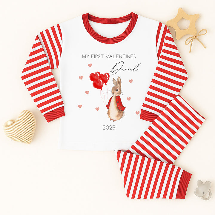 Personalised Valentines Red Rabbit Red Striped Pyjamas