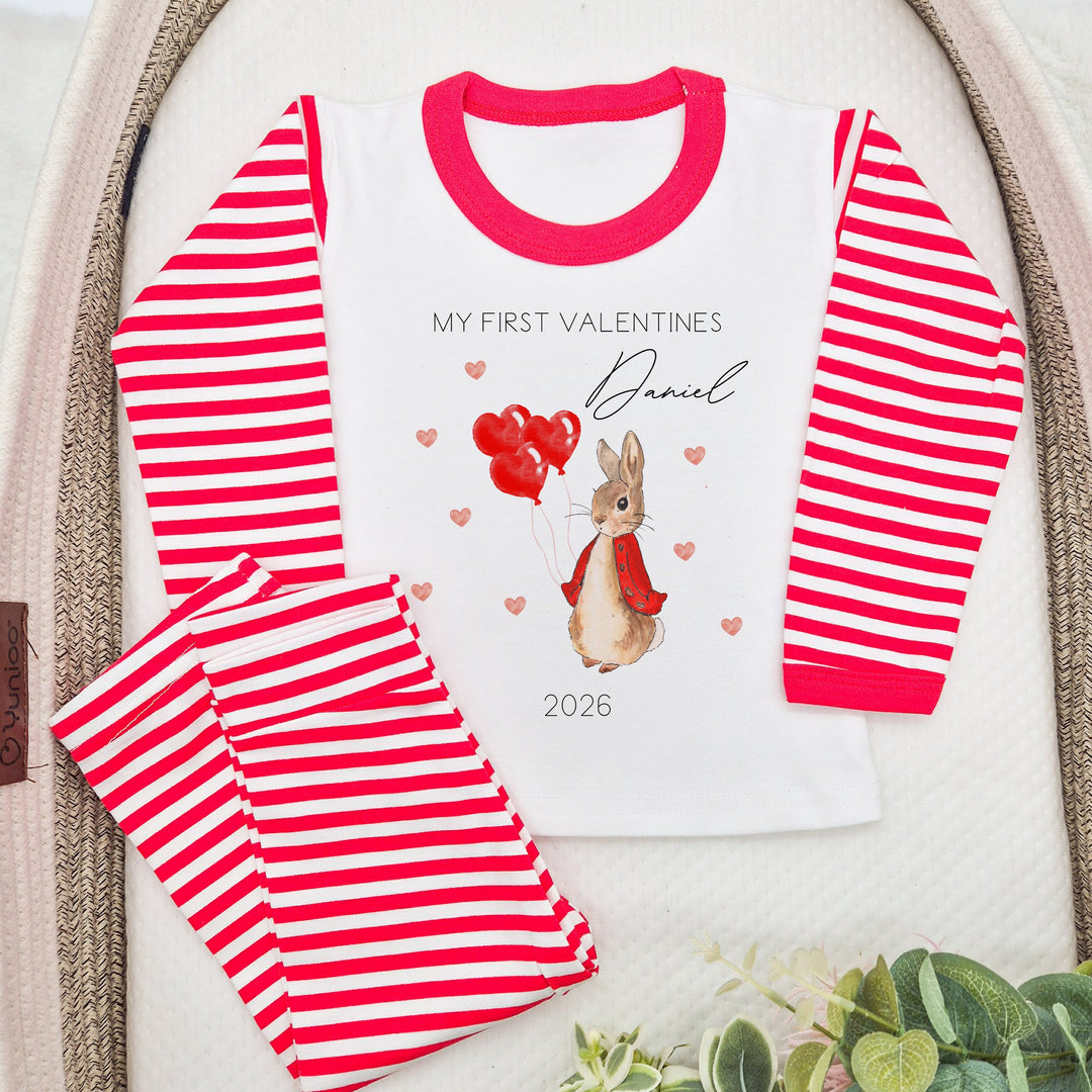 Personalised Valentines Red Rabbit Red Striped Pyjamas