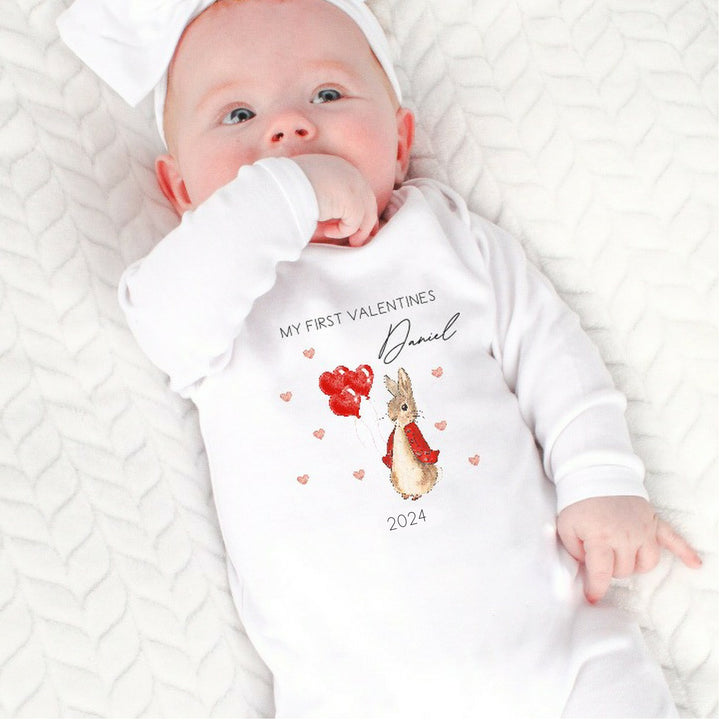 Personalised First Valentines Red Rabbit  Babygrow