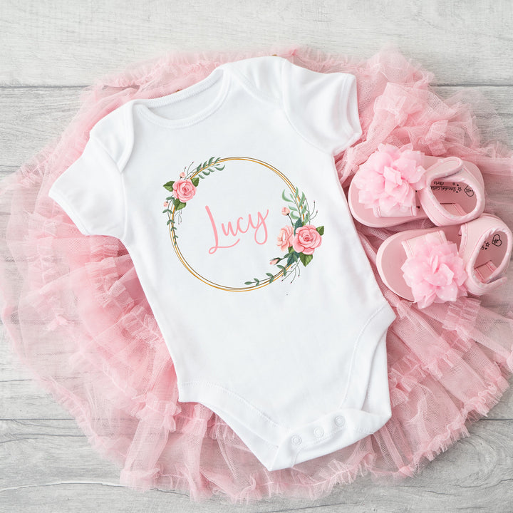 Personalised Vintage Floral WreathBabygrow/Vest