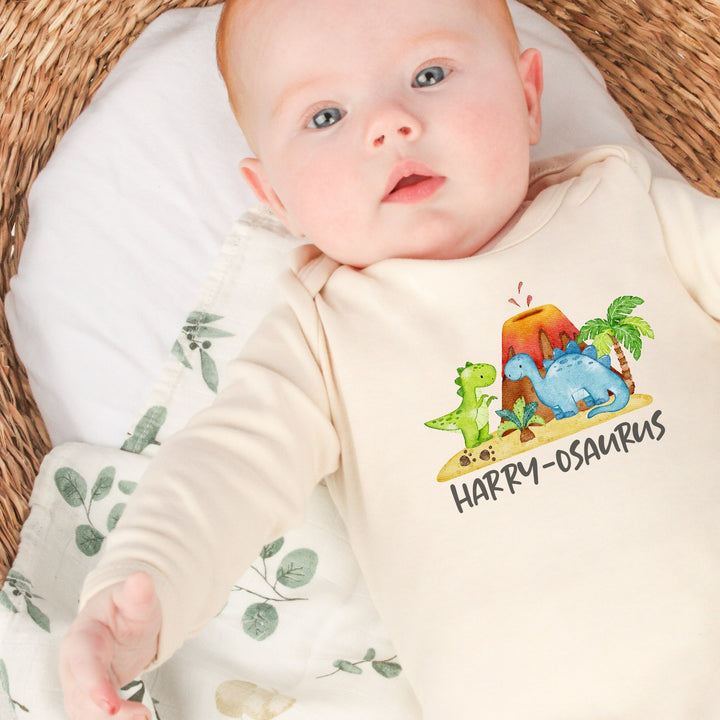 Personalised Volcano Dinosaurs Beige Babygrow