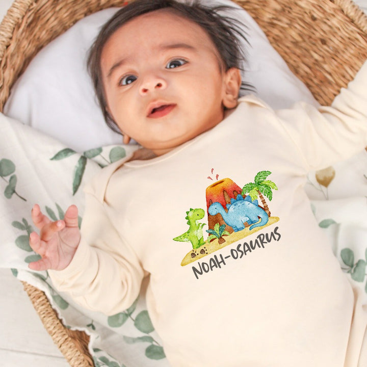 Personalised Volcano Dinosaurs Beige Babygrow