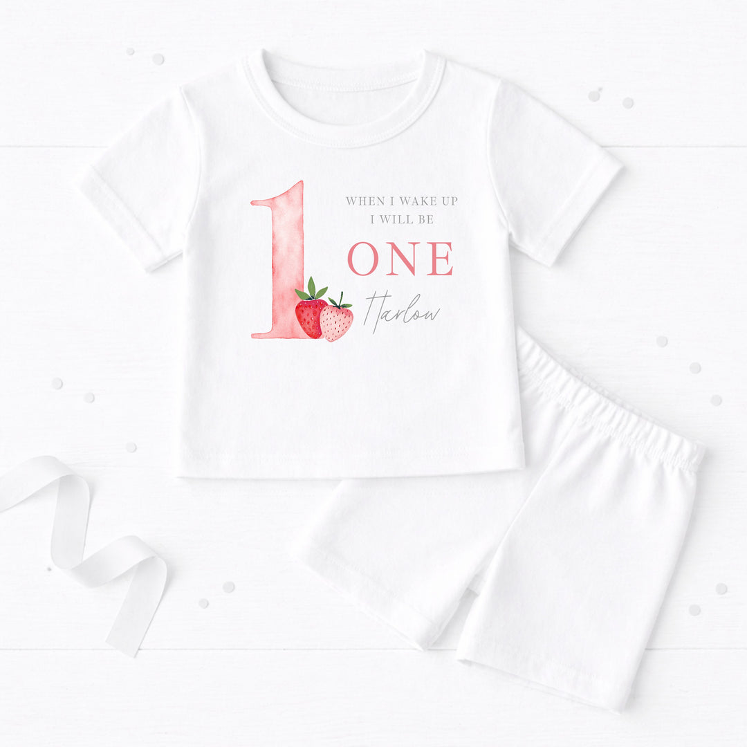 Personalised Strawberries When I Wake Up I Will Be One First Birthday Short Sleeve Pyjamas