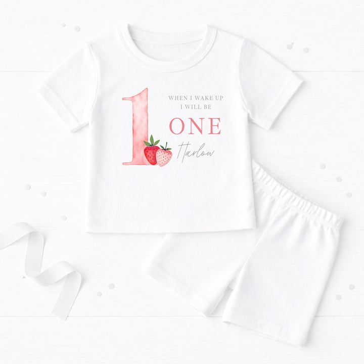 Personalised Strawberries When I Wake Up I Will Be One First Birthday Short Sleeve Pyjamas