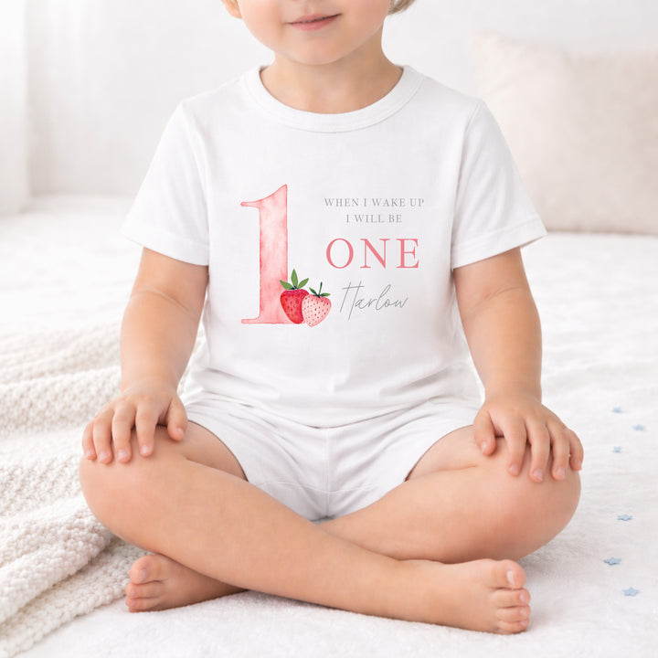 Personalised Strawberries When I Wake Up I Will Be One First Birthday Short Sleeve Pyjamas