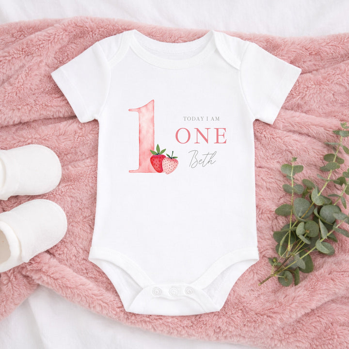 Personalised Strawberry Today I Am One First Birthday Vest