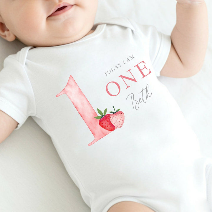 Personalised Strawberry Today I Am One First Birthday Vest