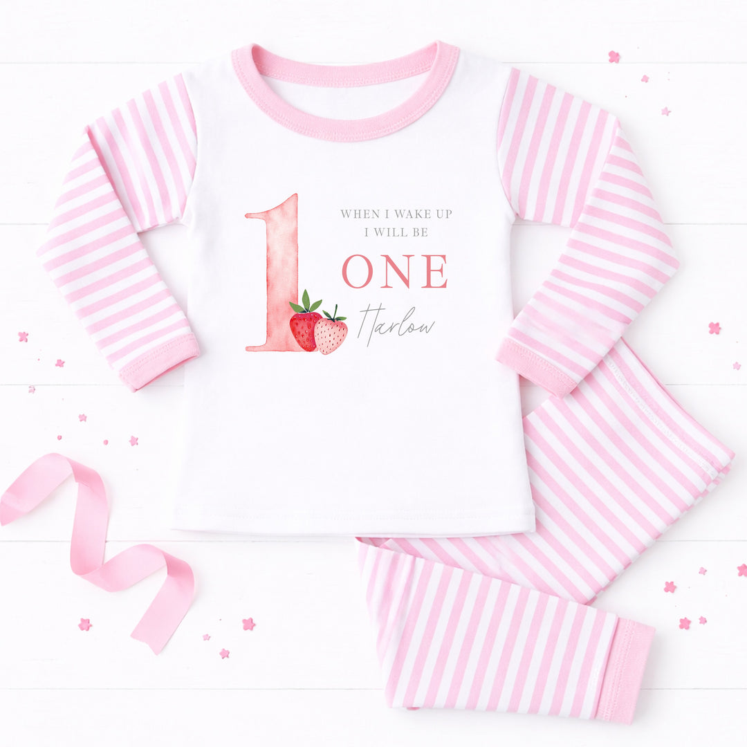 Personalised Strawberries When I Wake Up I Will Be One First Birthday Pyjamas