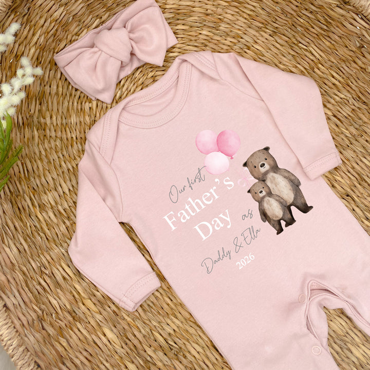 Personalised Pink Balloons Bears Father's Day Pink Baby Grow or Vest