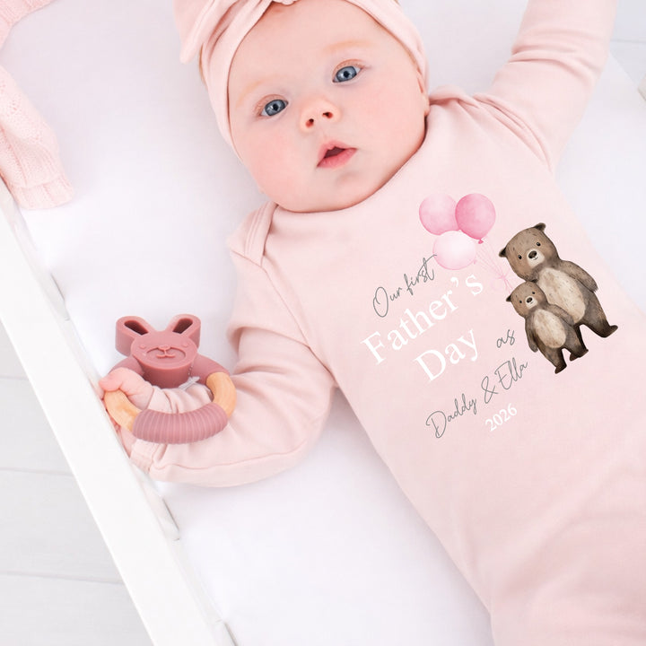 Personalised Pink Balloons Bears Father's Day Pink Baby Grow or Vest