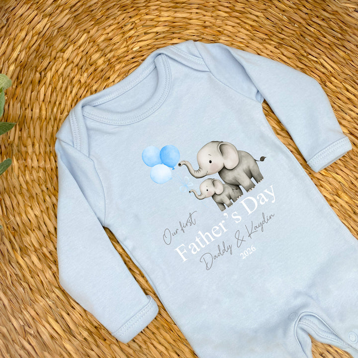 Personalised Blue Balloons Elephants Father's Day Blue Baby Grow or Vest