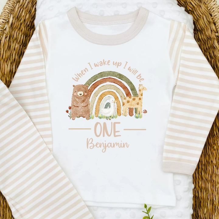 Personalised Rainbow Animals Beige Birthday Pyjamas