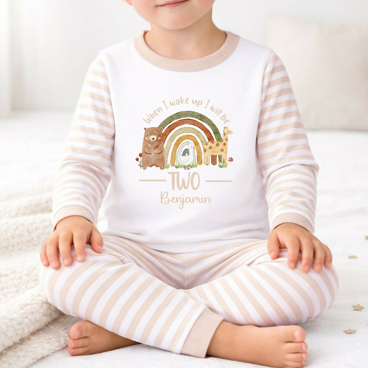 Personalised Rainbow Animals Beige Unisex Second Birthday Pyjamas