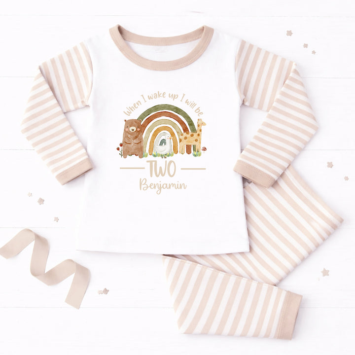 Personalised Rainbow Animals Beige Unisex Second Birthday Pyjamas