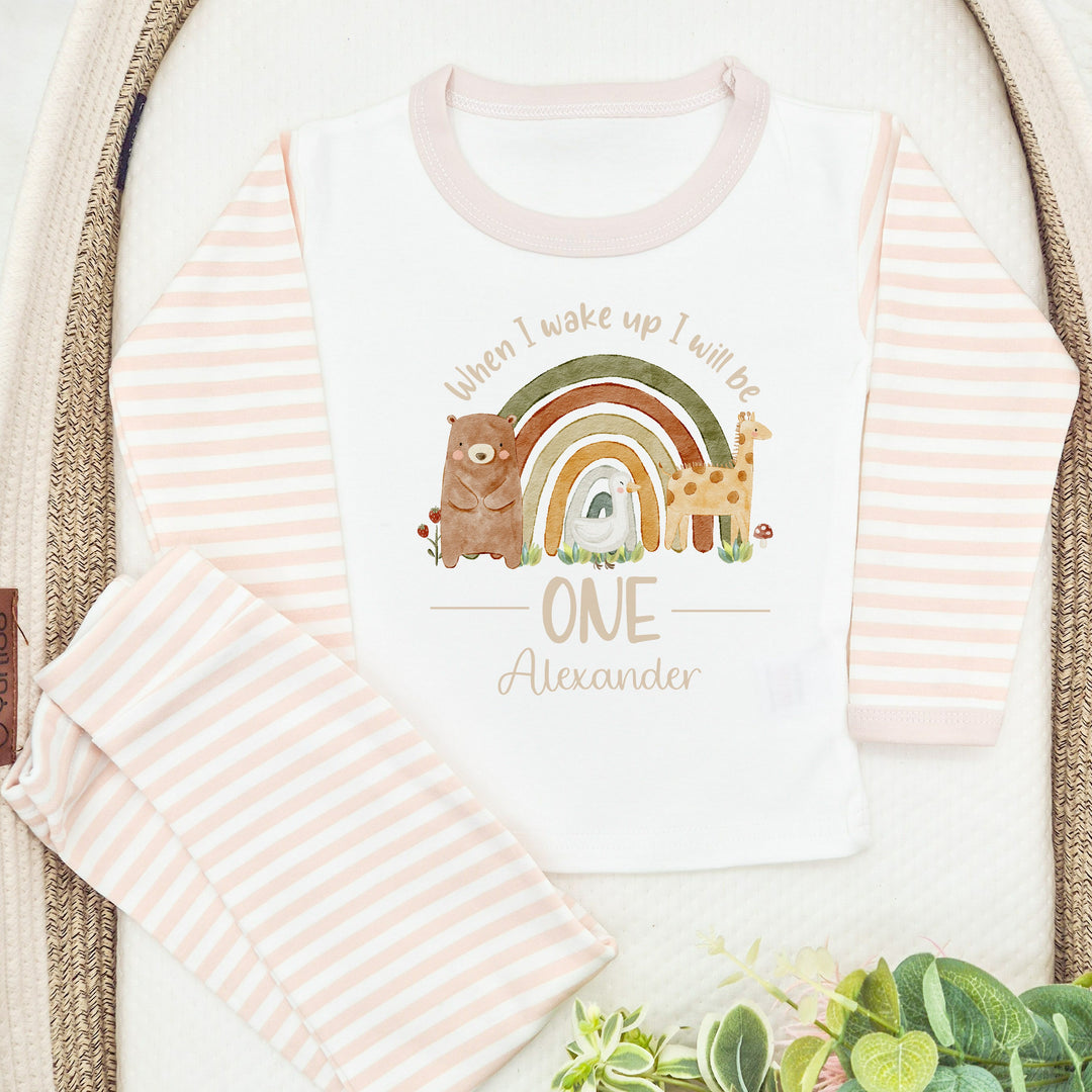 Personalised Rainbow Animals Beige Birthday Pyjamas