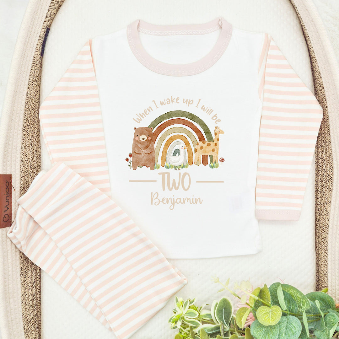 Personalised Rainbow Animals Beige Unisex Second Birthday Pyjamas