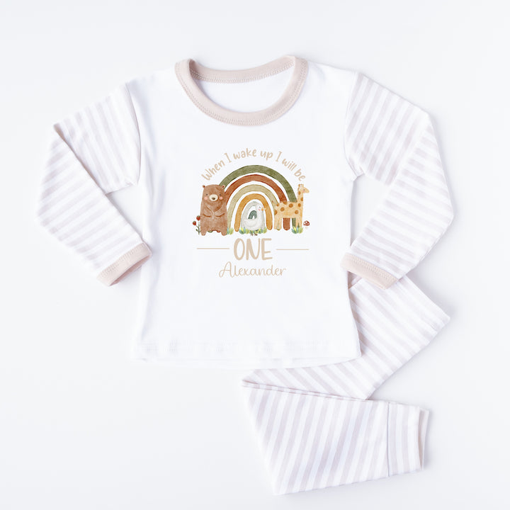 Personalised Rainbow Animals Beige Birthday Pyjamas