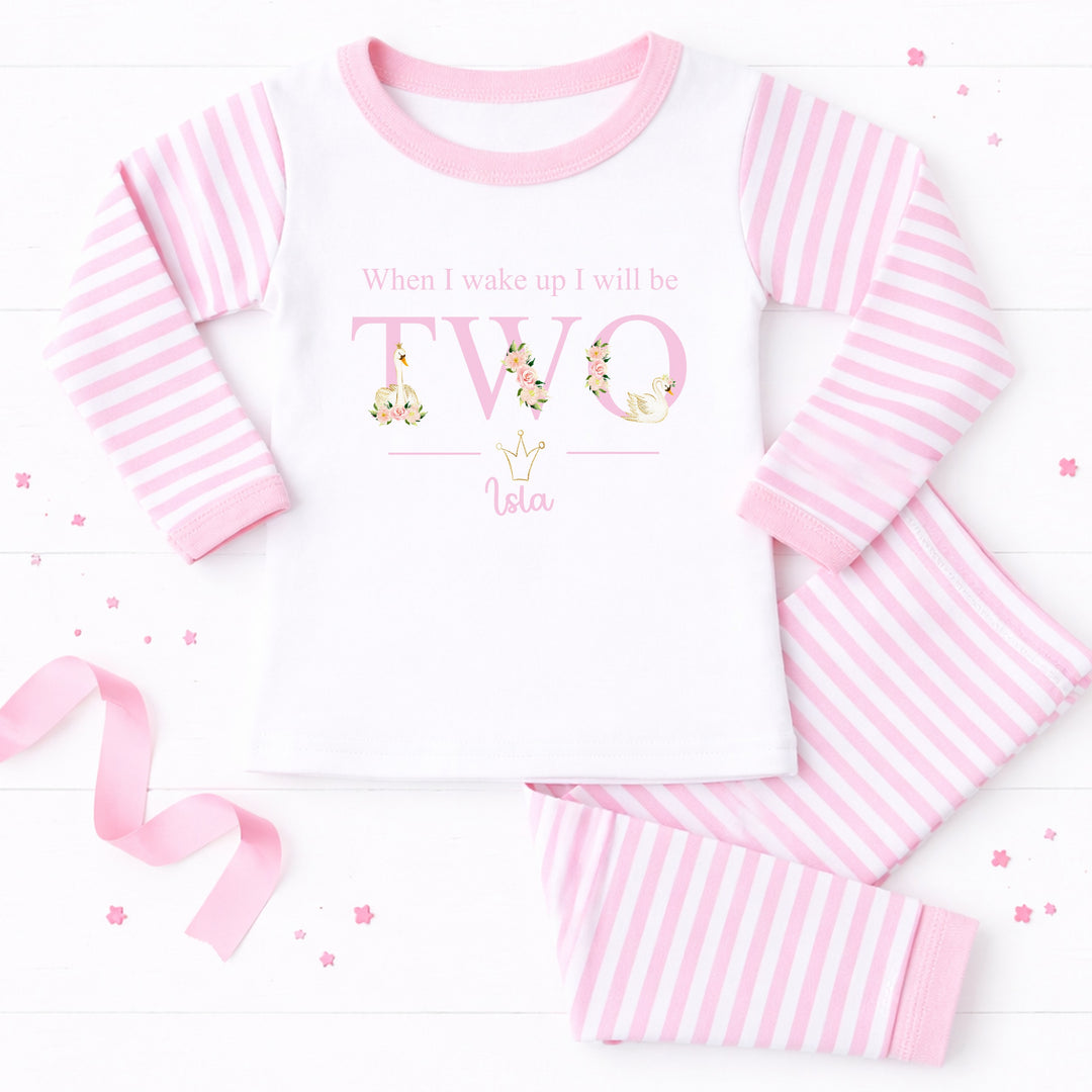 Personalised When I Wake Up Swan Pink Stripe 2nd Birthday Pyjamas
