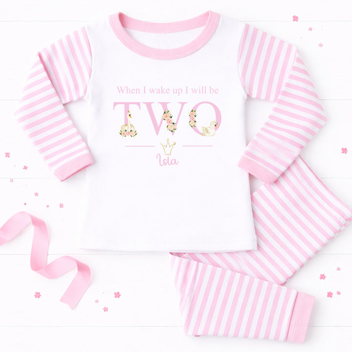 Personalised When I Wake Up Swan Pink Stripe 2nd Birthday Pyjamas