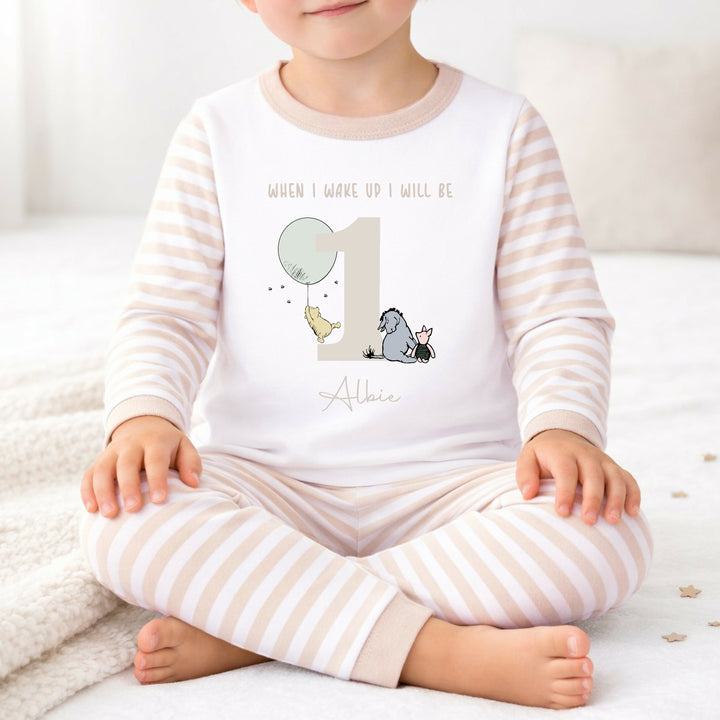 Personalised When I Wake Pooh Bear Beige First Birthday Pyjamas