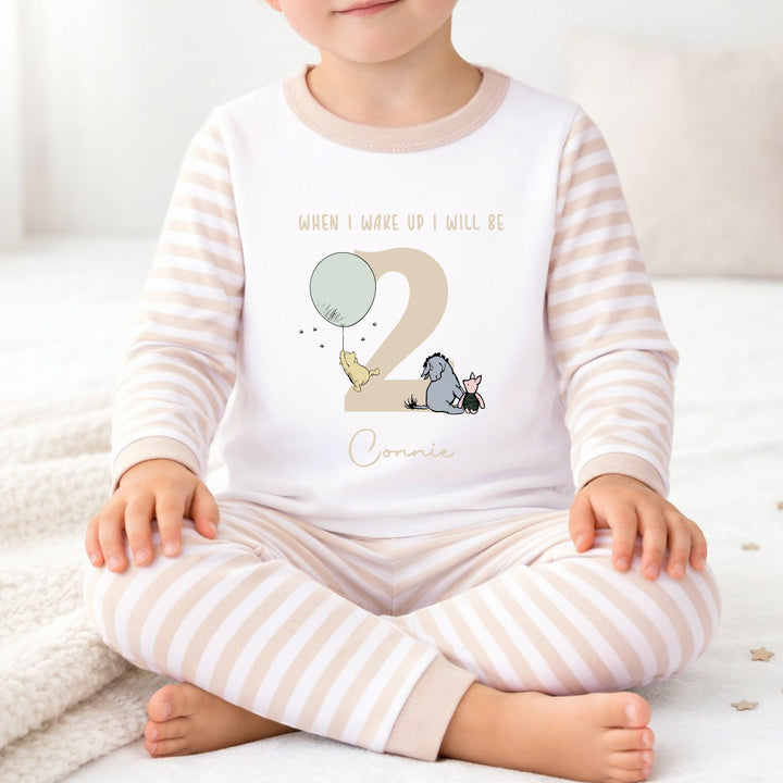 Personalised Beige Pooh Bear When I Wake I Will Be 2 Birthday Pyjamas