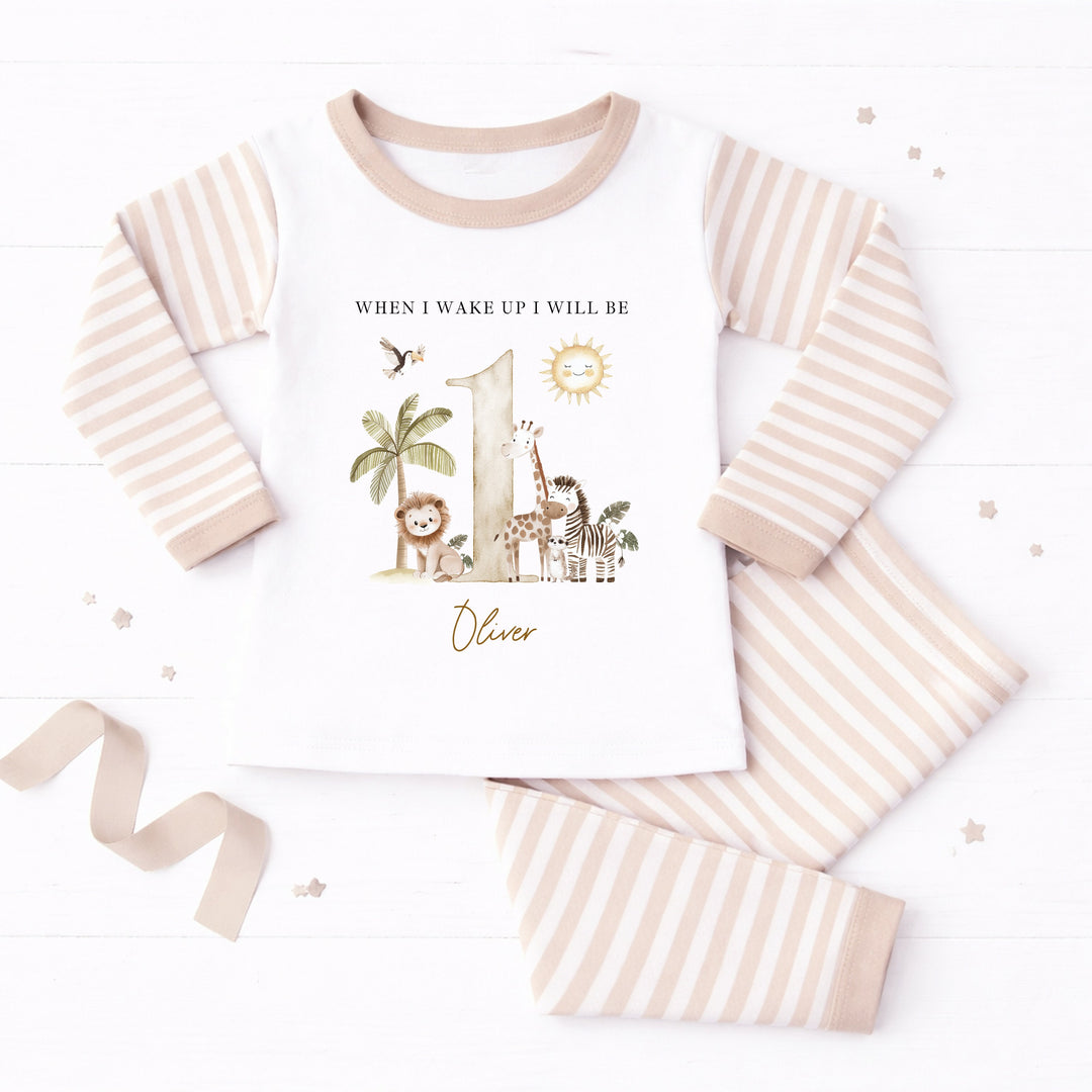 Personalised Beige Safari When I Wake Up I Will Be One First Birthday Pyjamas