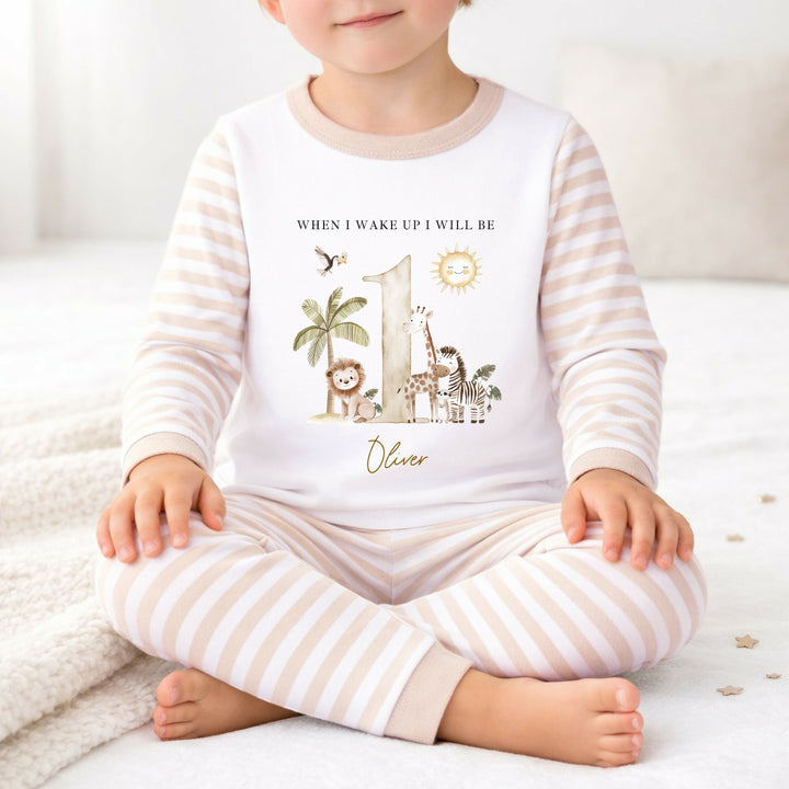 Personalised Beige Safari When I Wake Up I Will Be One First Birthday Pyjamas