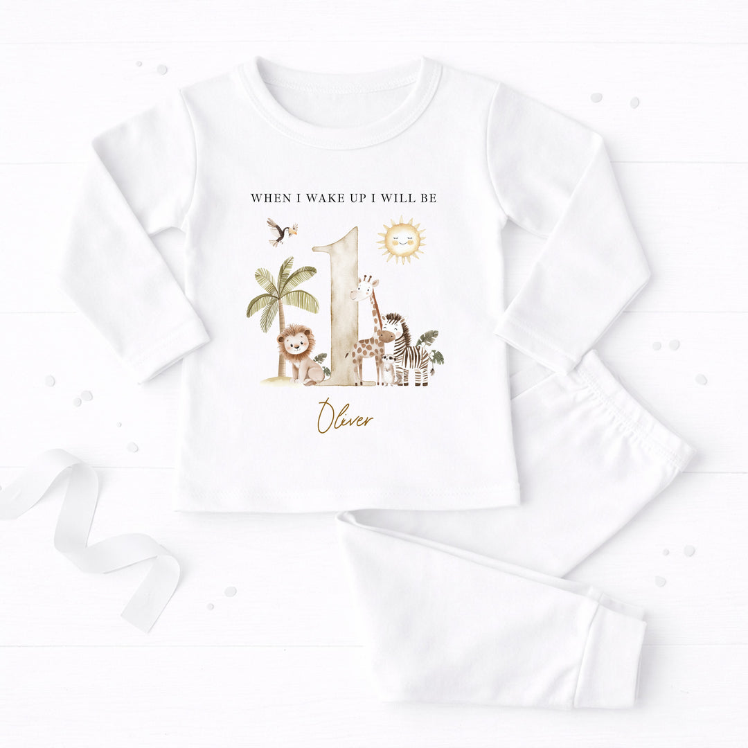 Personalised Beige Safari When I Wake Up I Will Be One First Birthday Pyjamas