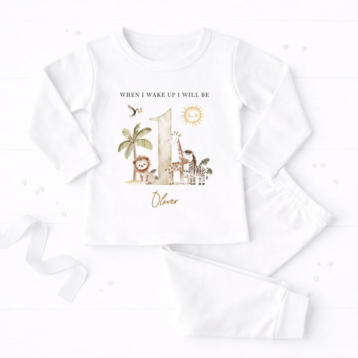 Personalised Beige Safari When I Wake Up I Will Be One First Birthday Pyjamas