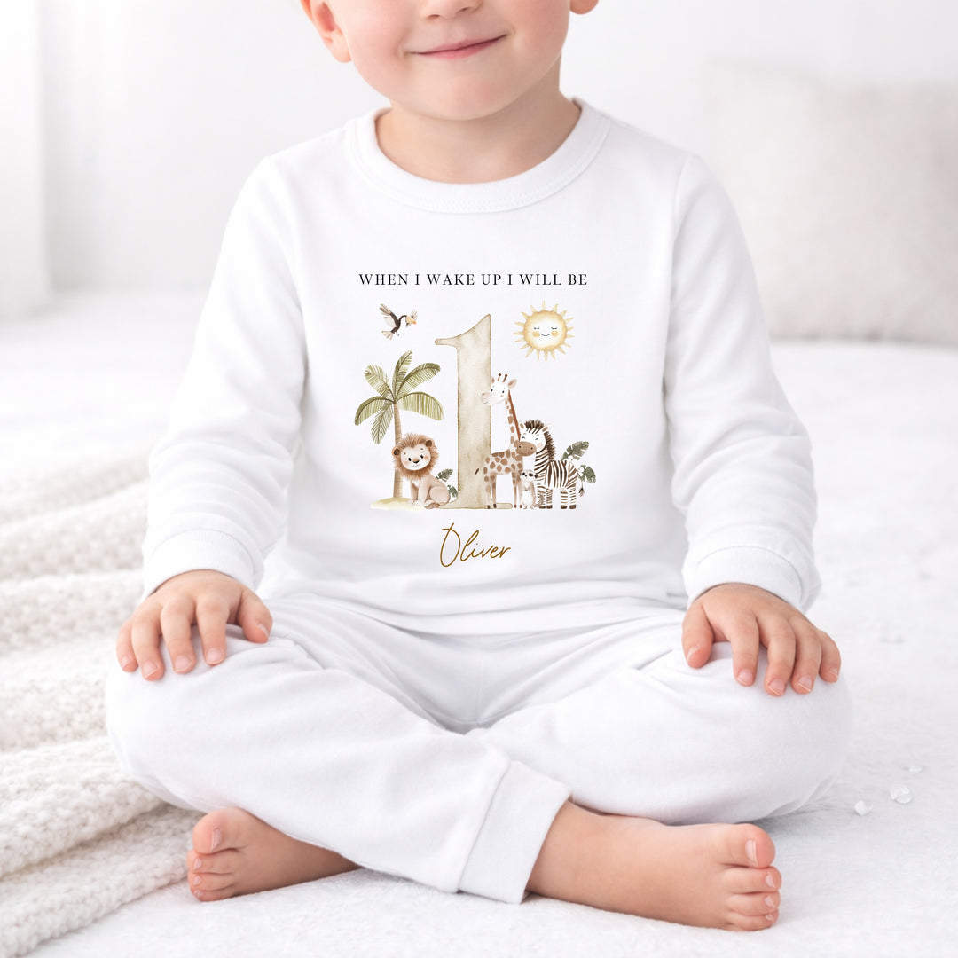 Personalised Beige Safari When I Wake Up I Will Be One First Birthday Pyjamas