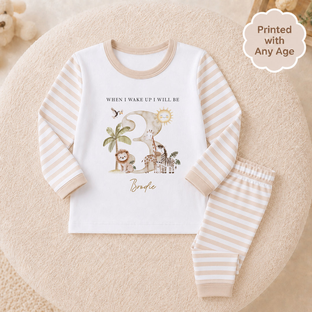 Personalised Beige Safari Any Age Birthday Pyjamas