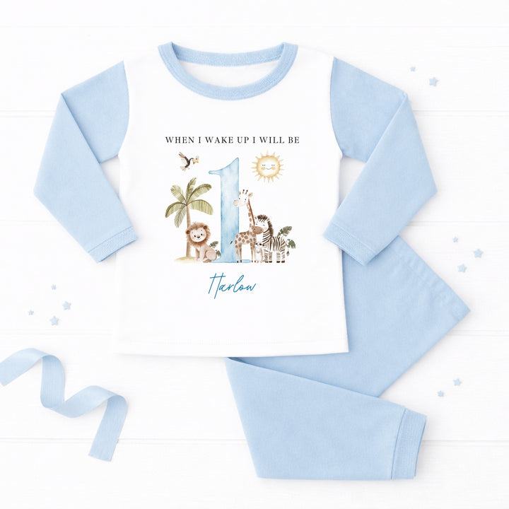 Personalised Blue Safari When I Wake Up I Will Be One First Birthday Pyjamas