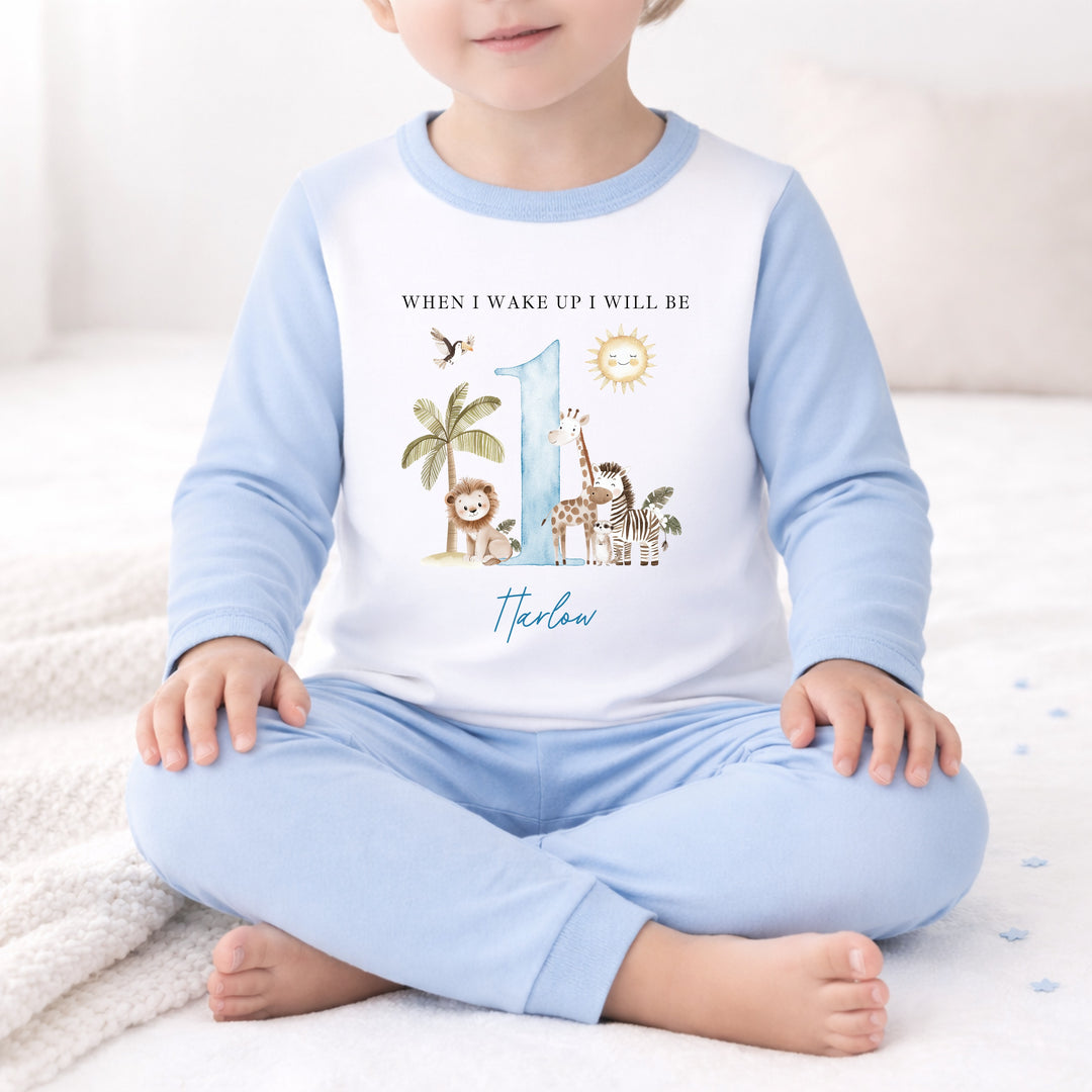Personalised Blue Safari When I Wake Up I Will Be One First Birthday Pyjamas