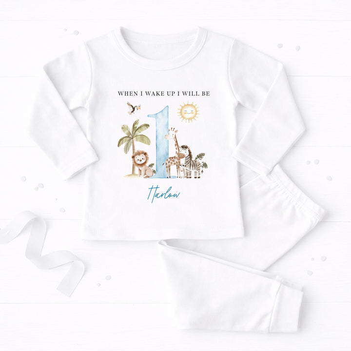 Personalised Blue Safari When I Wake Up I Will Be One First Birthday Pyjamas