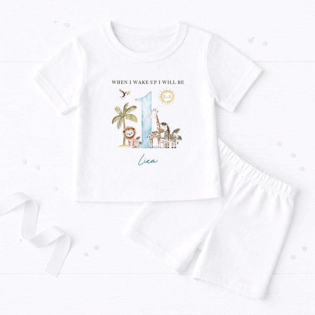 Personalised Blue Safari When I Wake Up I Will Be One First Birthday Short Sleeve Pyjamas