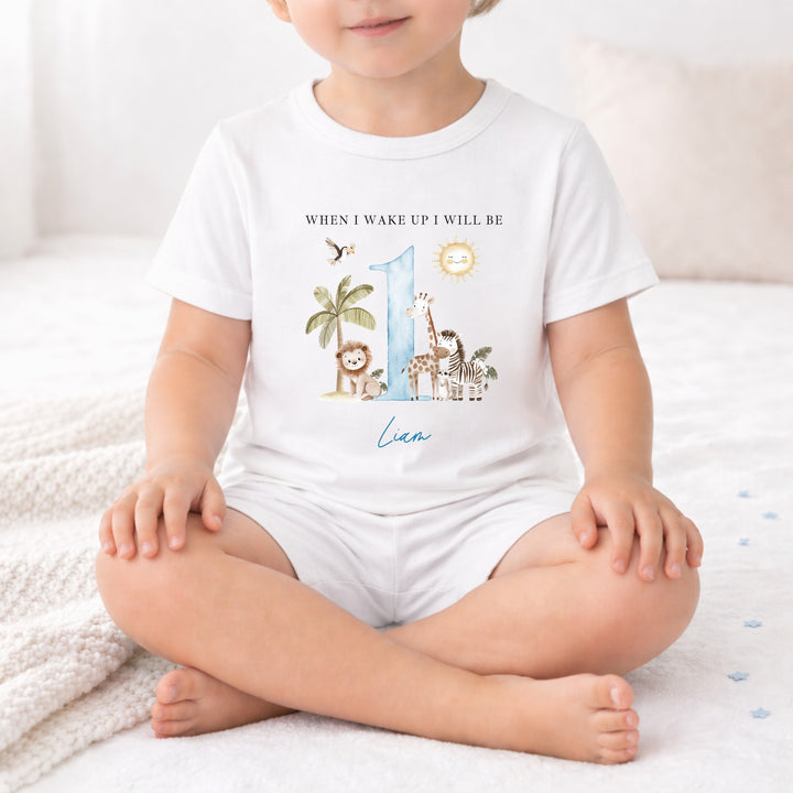 Personalised Blue Safari When I Wake Up I Will Be One First Birthday Short Sleeve Pyjamas