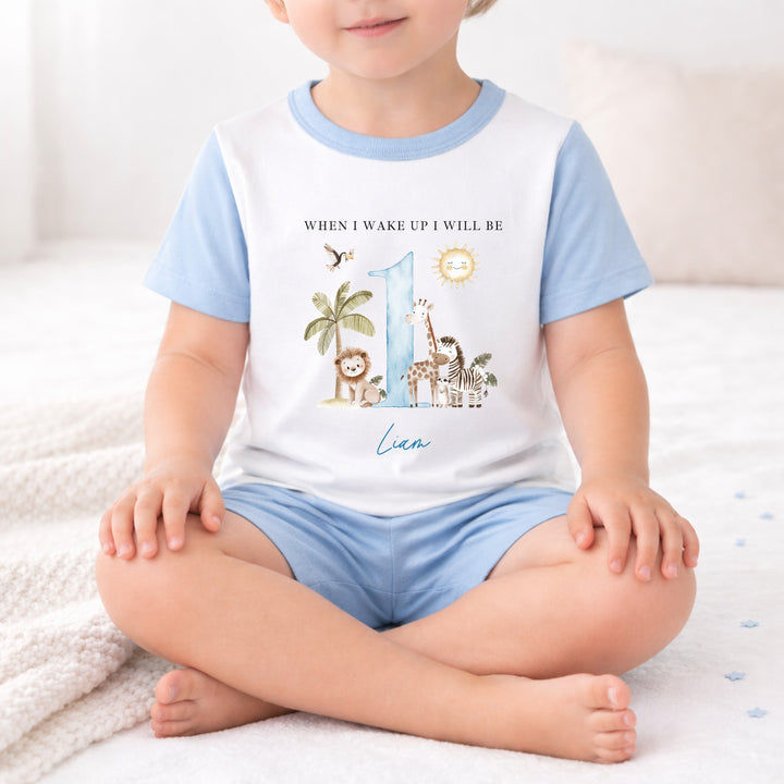 Personalised Blue Safari When I Wake Up I Will Be One First Birthday Short Sleeve Pyjamas