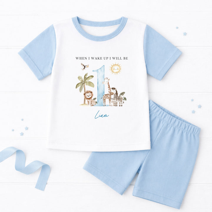 Personalised Blue Safari When I Wake Up I Will Be One First Birthday Short Sleeve Pyjamas