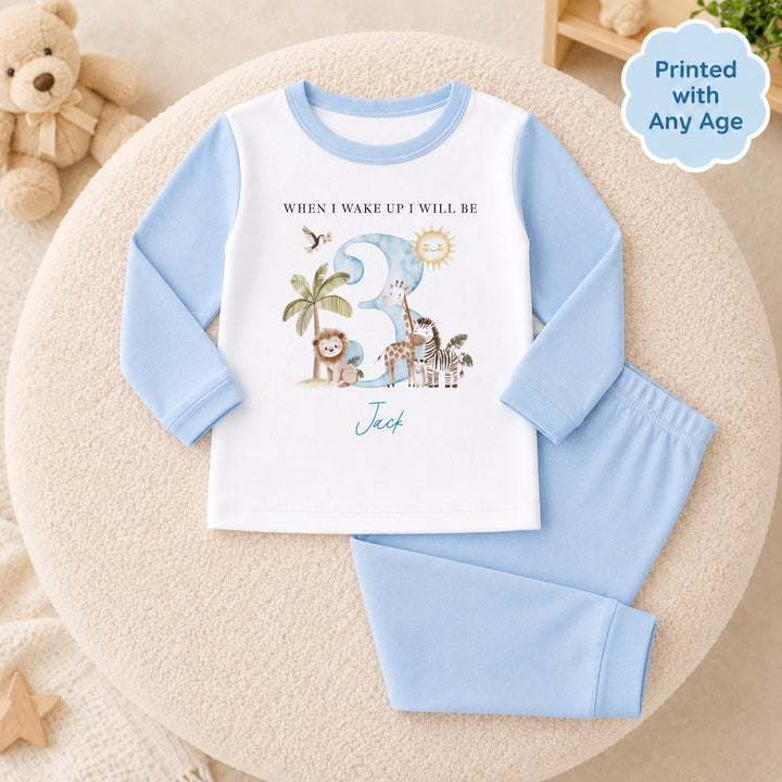 Personalised Blue Safari Any Age Birthday Pyjamas