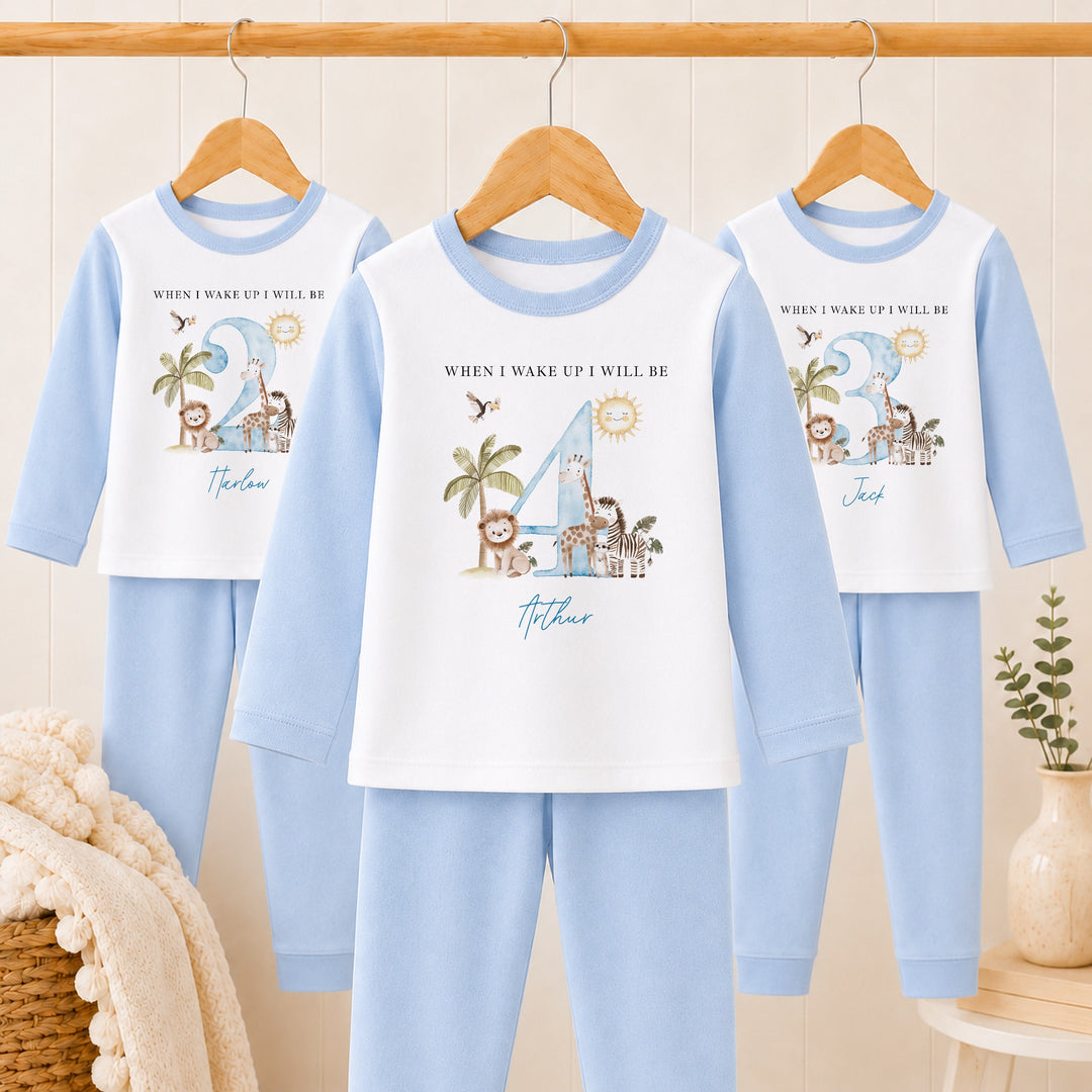 Personalised Blue Safari Any Age Birthday Pyjamas