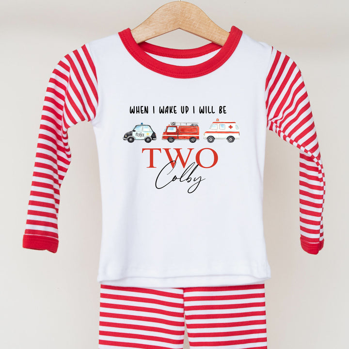 Personalised Fire Truck Red Stripe Birthday Pyjamas