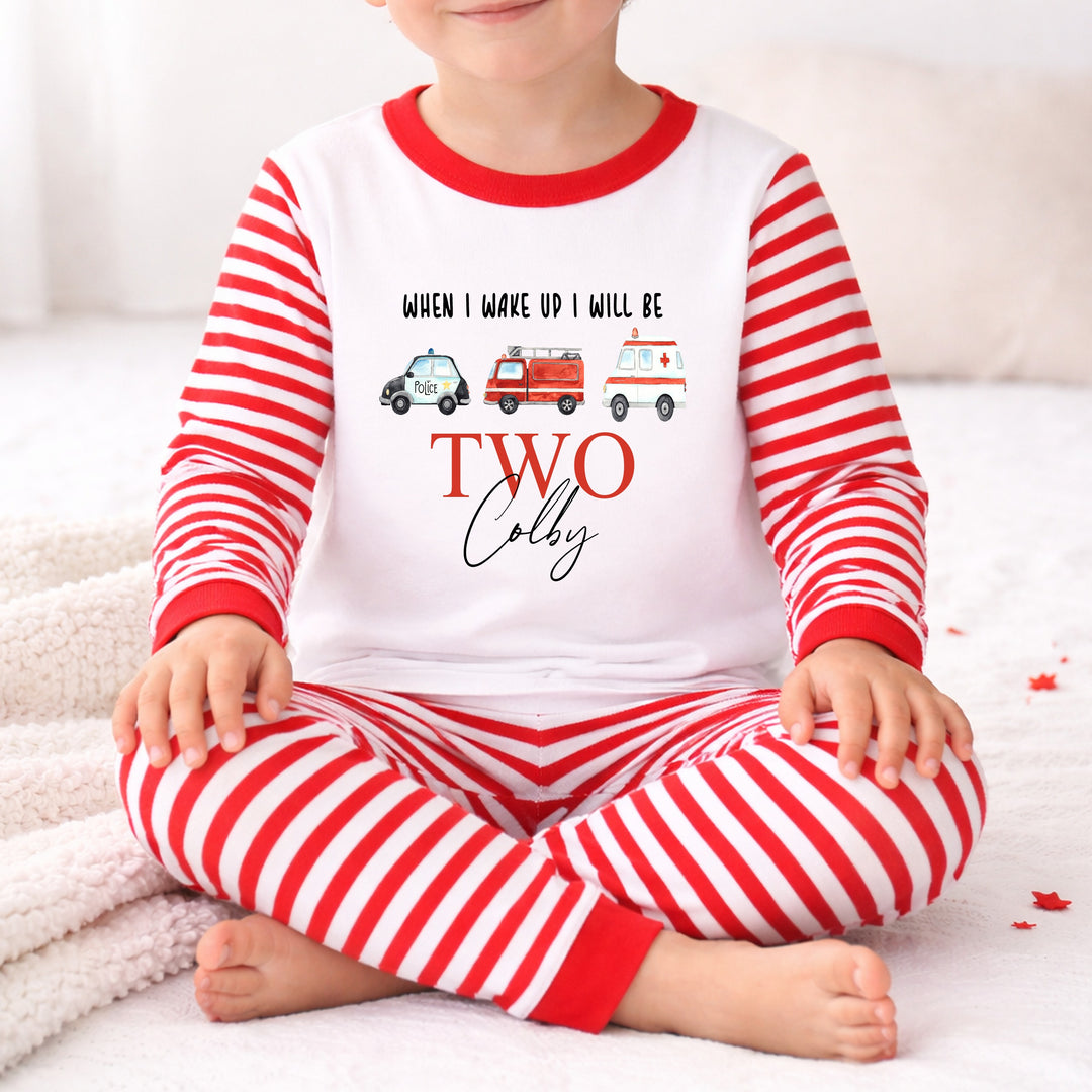 Personalised Fire Truck Red Stripe Boys Second Birthday Pyjamas