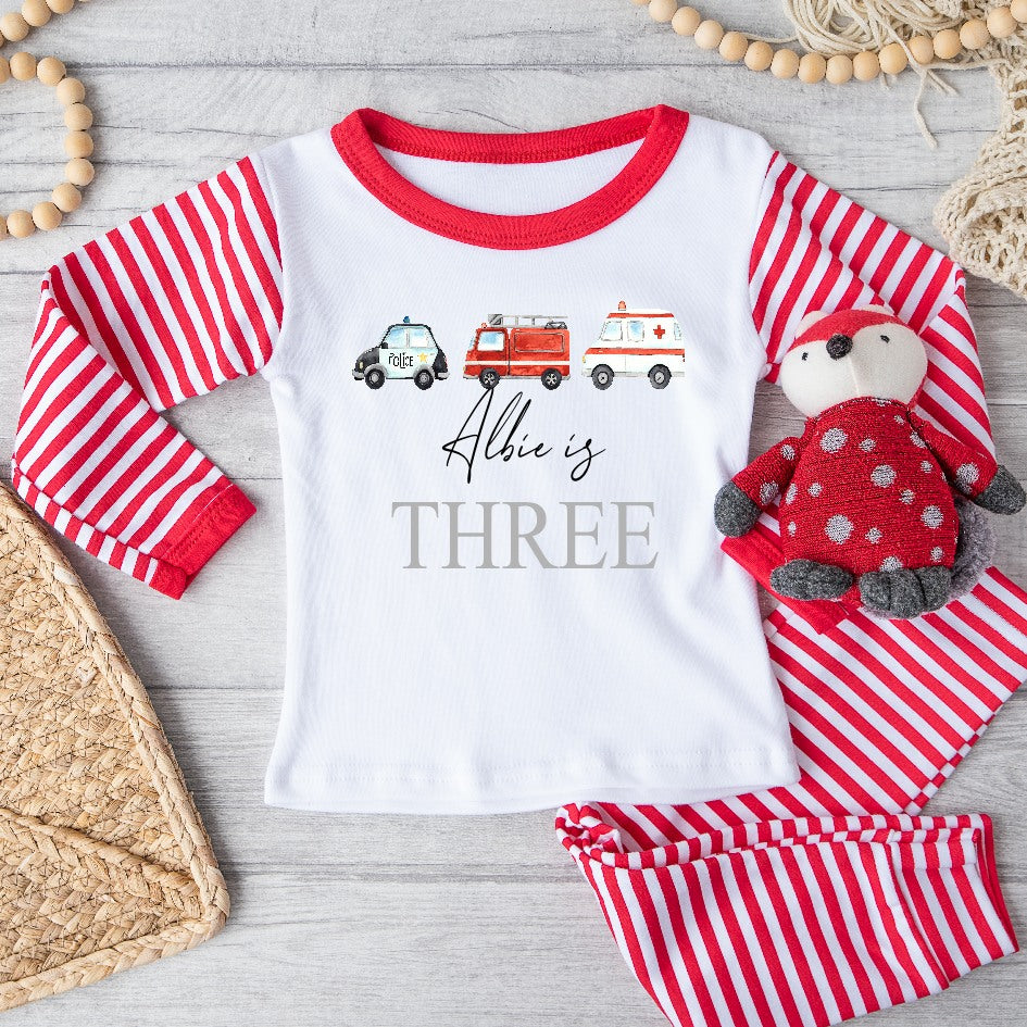 Personalised Fire Truck Red Stripe Birthday Pyjamas