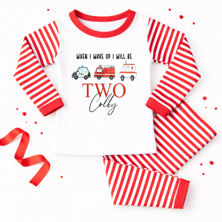 Personalised Fire Truck Red Stripe Boys Second Birthday Pyjamas
