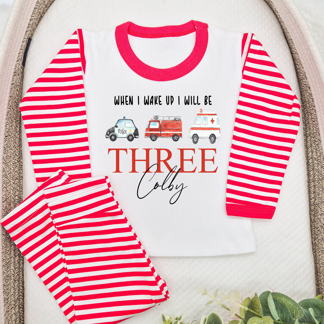 Personalised Fire Truck Red Stripe Birthday Pyjamas