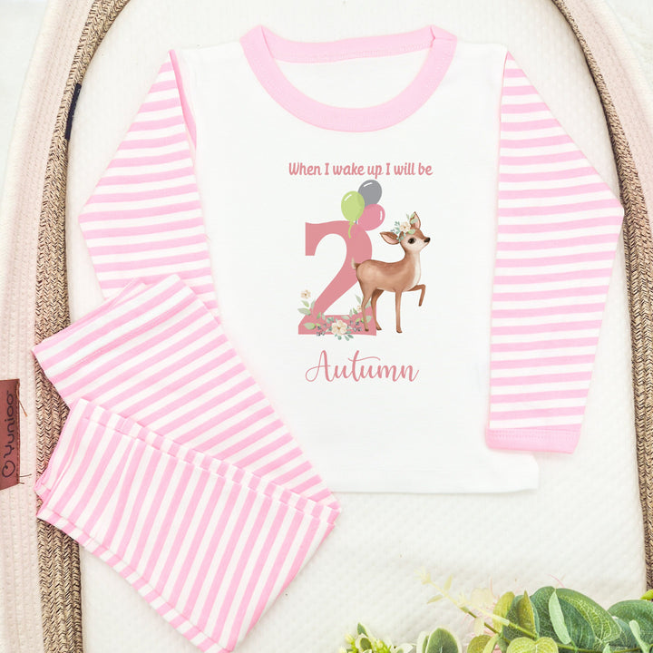 Personalised pink stripe birthday pyjamas saying 'When I wake up I will be 2 Autumn'. This design features a deer 