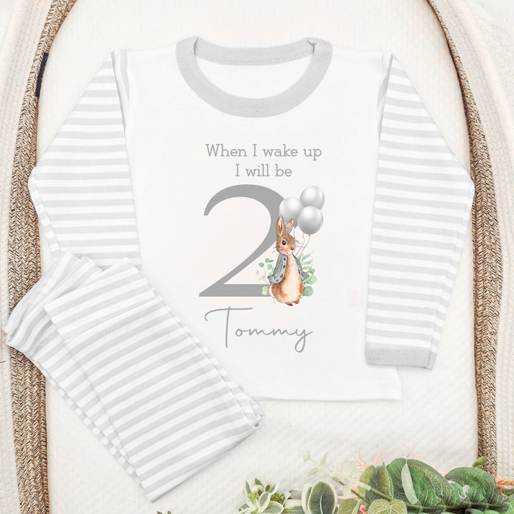 Personalised Classic Grey Rabbit When I Wake Grey Stripe Boys 2nd Birthday Pyjamas