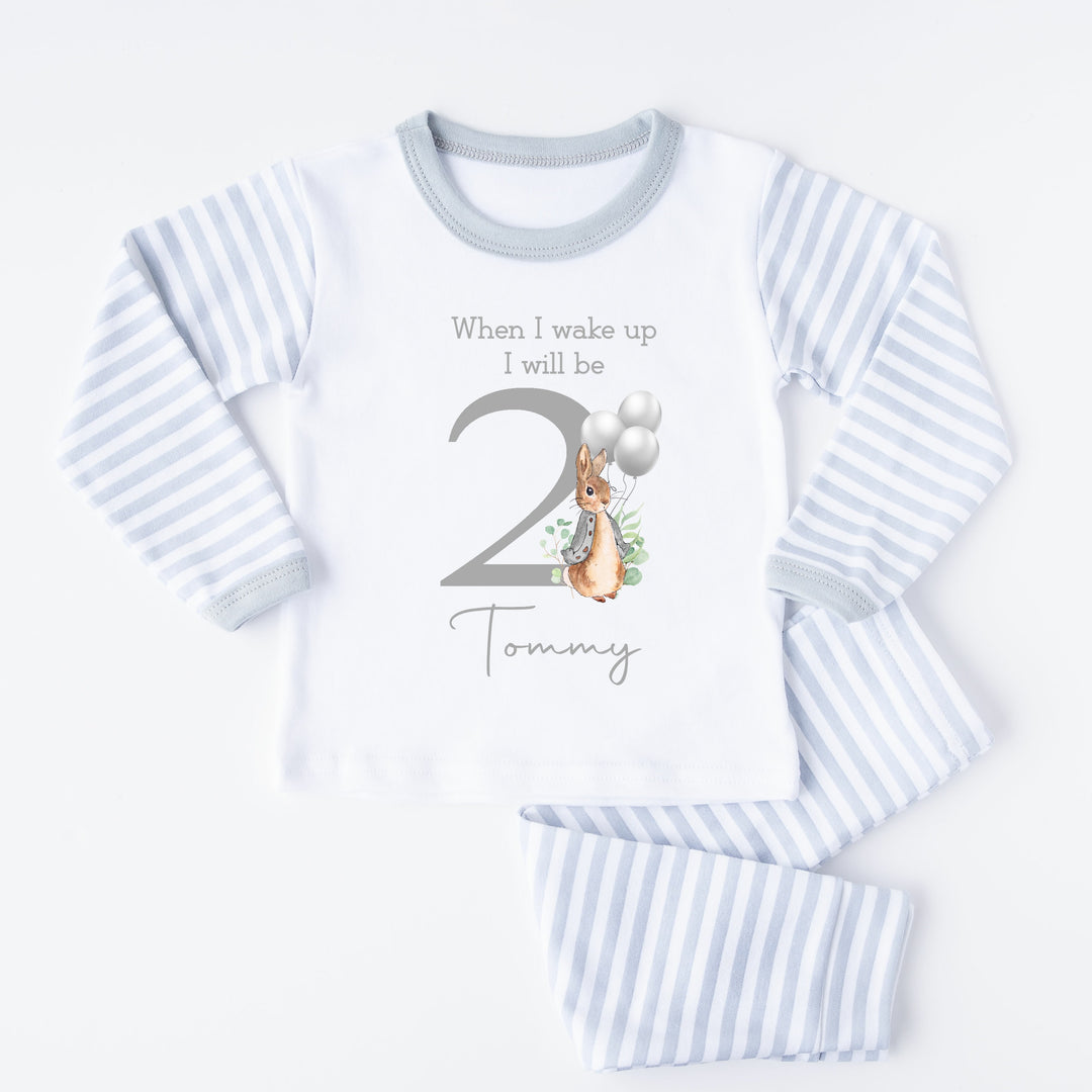 Personalised Classic Grey Rabbit When I Wake Grey Stripe Boys 2nd Birthday Pyjamas